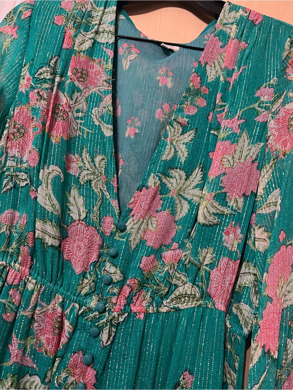 HEMANT & NANDITA Teal Floral V-Neck Long Sleeve Dress with Pink Accents - Picture 3 of 5